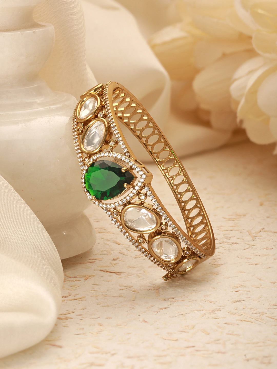 Gold Polish Green Emerald Kundan Mossanaite Studded Tilak Shaped Openable Kada Bracelet